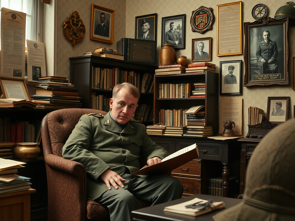 В кабинете военного с книгами и фотографиями, он читает альбом, погружённый в размышления.